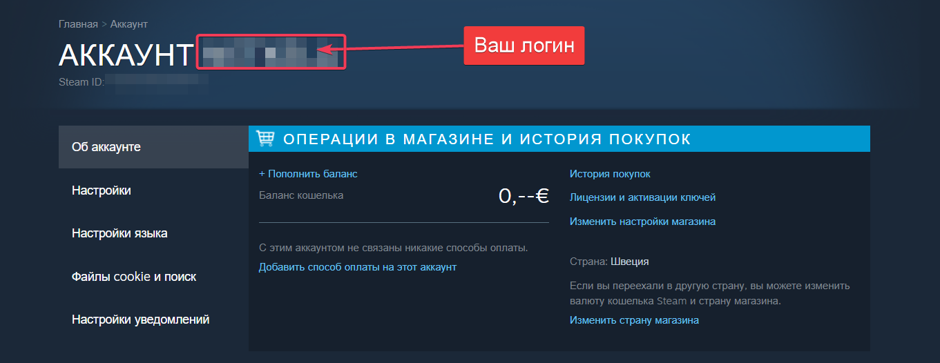 Страница «Об аккаунте» в Steam: логин написан рядом со словом «АККАУНТ»